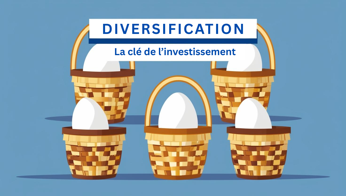 Quatre paniers en osier contenant chacun un œuf, sous le titre « Diversification, la clé de l'investissement »