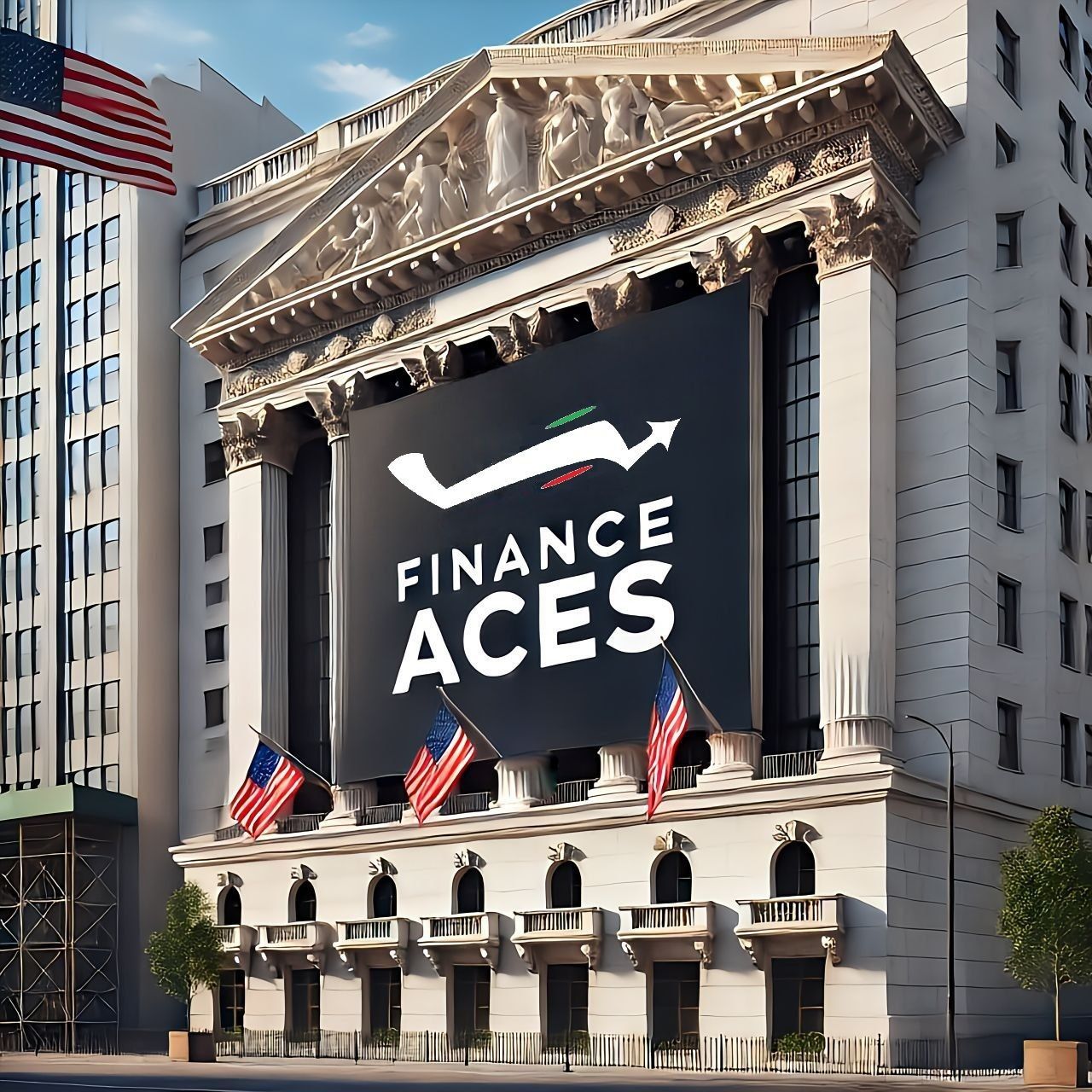 Façade de la Bourse de New York ornée d'une bannière géante au logo Finance Aces
