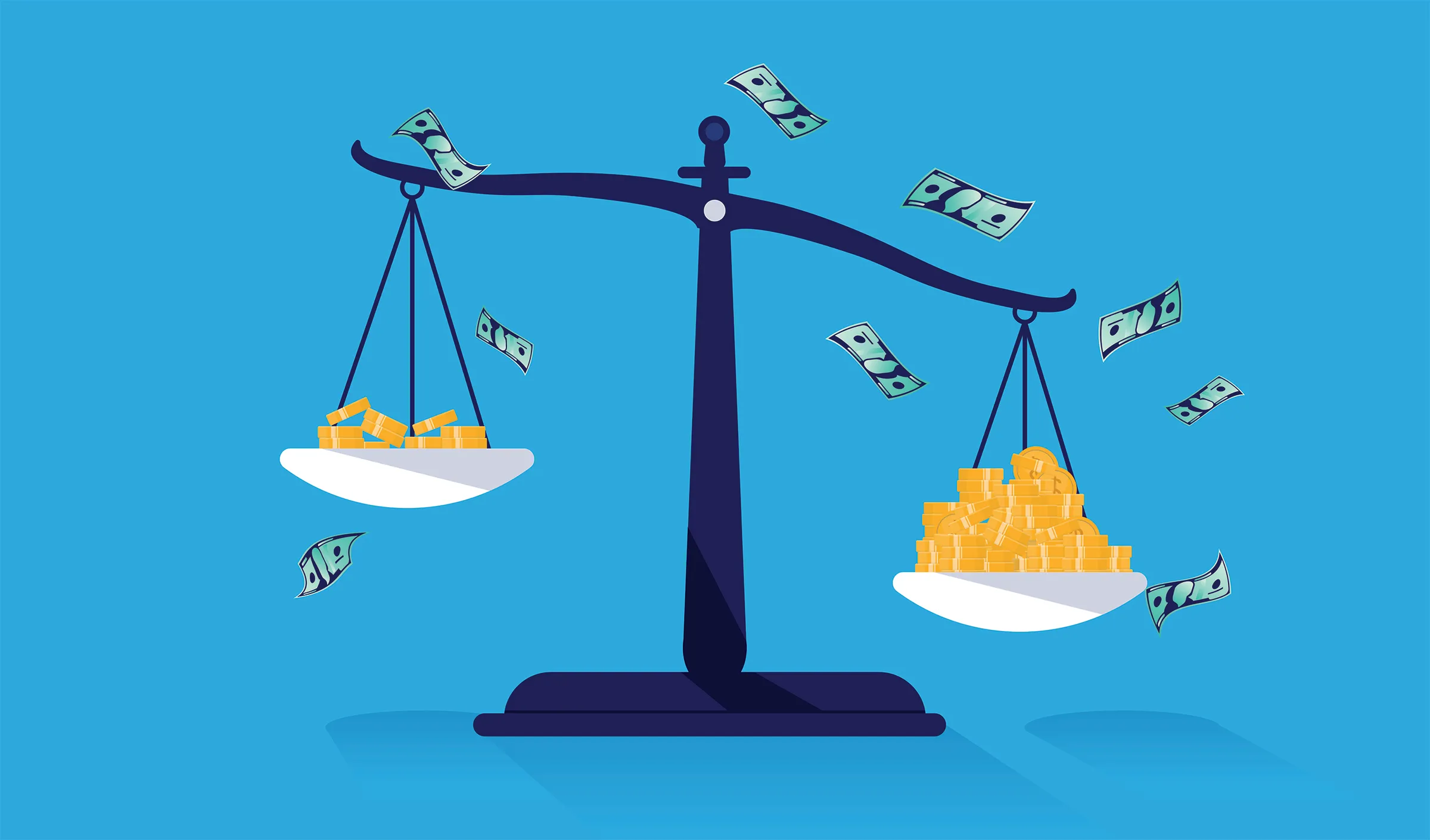 Une balance déséquilibrée, un plateau chargé de pièces d'or, l'autre presque vide
