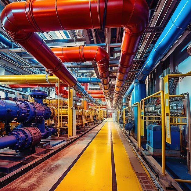 Un couloir industriel bordé de grosses canalisations colorées