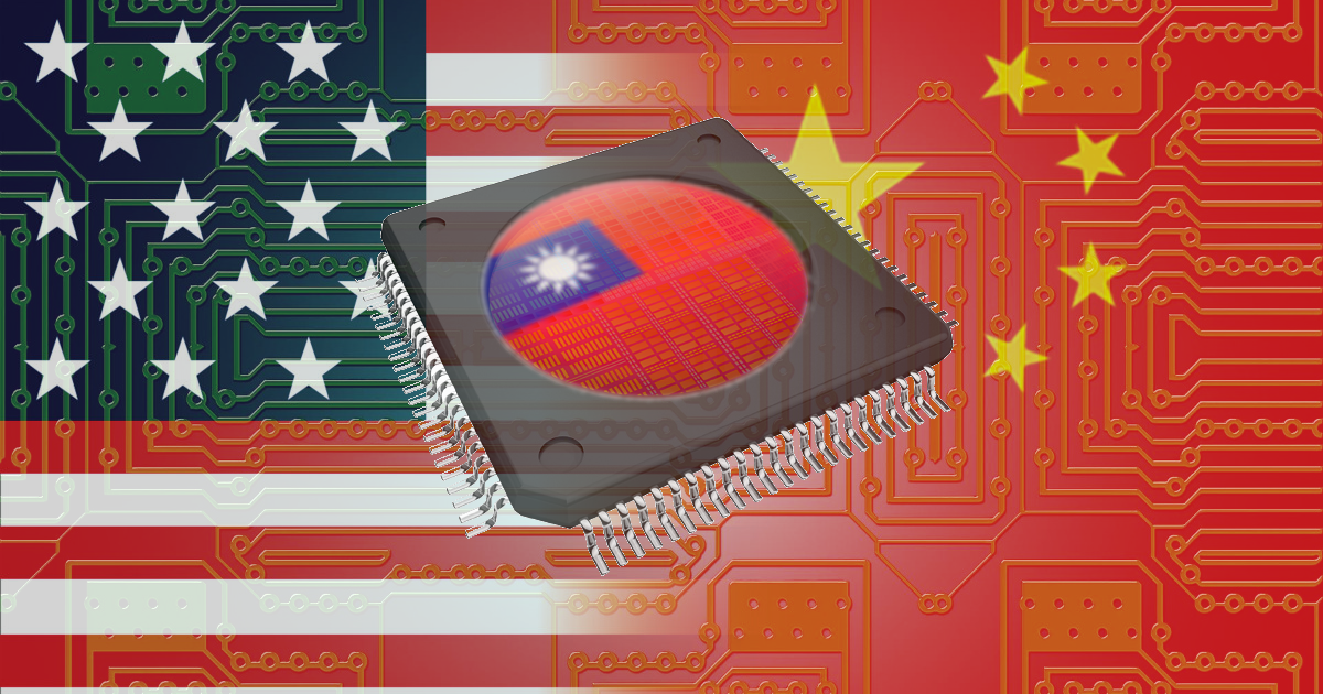 Une puce électronique aux couleurs de Taïwan, entre les drapeaux américain et chinois