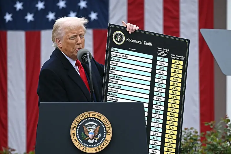 Donald Trump au pupitre présidentiel, brandissant un tableau des « tarifs réciproques » par pays